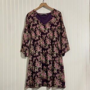 Robert Louis L Purple Floral Sheer Smocked Dress 3/4 Sleeve Cottagecore Boho